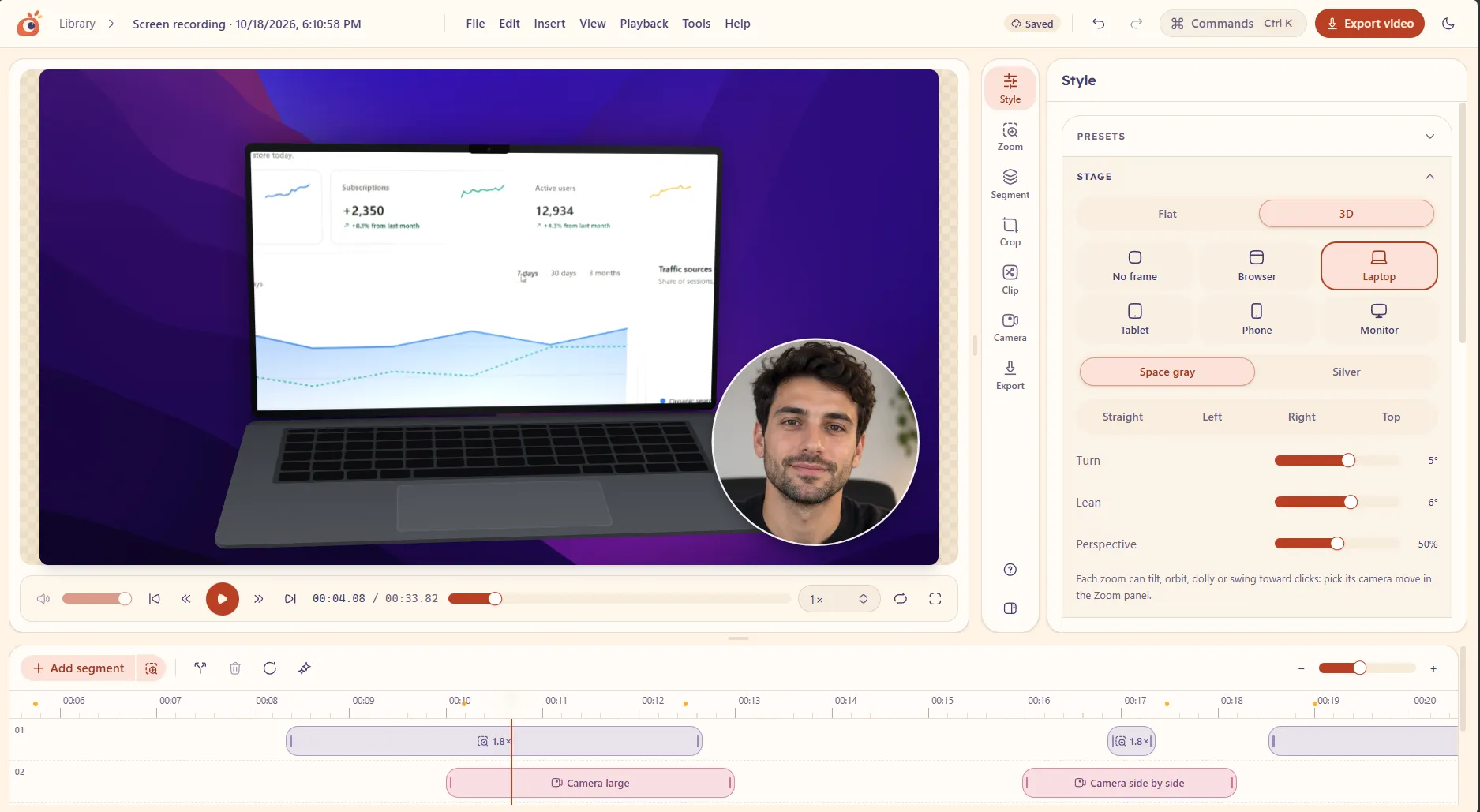 The Lensprout editor: a dashboard recording inside a 3D laptop frame on a purple background, a round webcam bubble, Style panel stage settings and a timeline with zoom and camera segments.