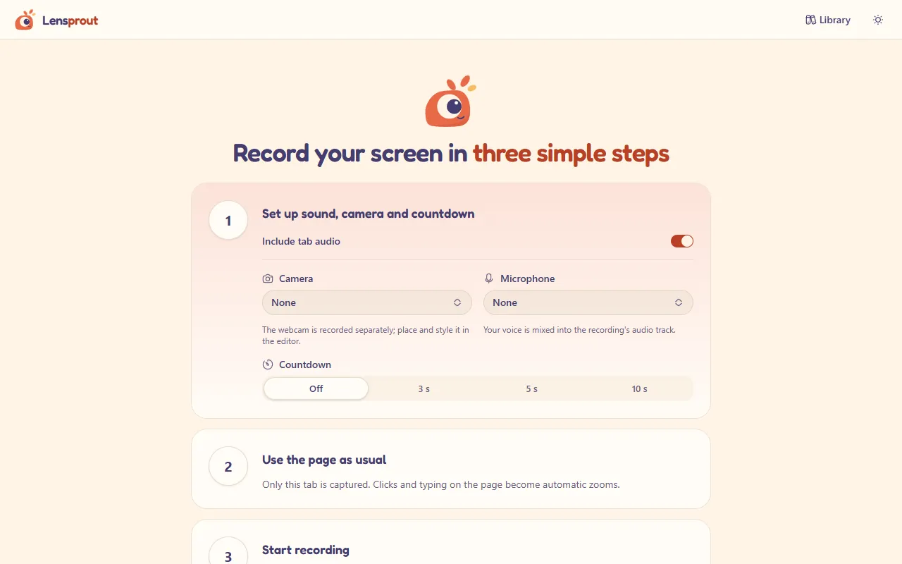 The Lensprout recorder page with camera, microphone, audio and countdown options.